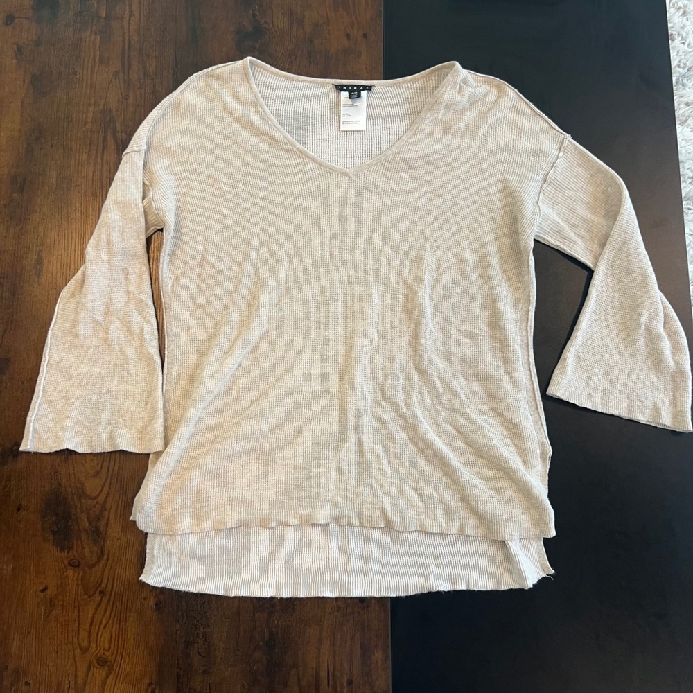 Tribal Women Oatmeal Beige 100% Cotton Waffle Knit V-Neck Bell Sleeve Sweater M